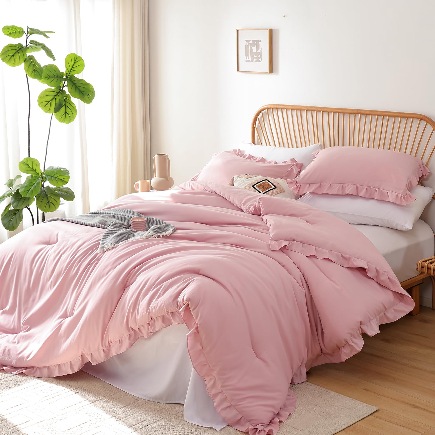 JANZAA Pink Comforter Set Queen 3PCS(1 Ruffled Blush Comforter Set and 2 Pillowcases) Vintage Shabby Chic Bedding Soft Fluffy Comforter Set All Season
